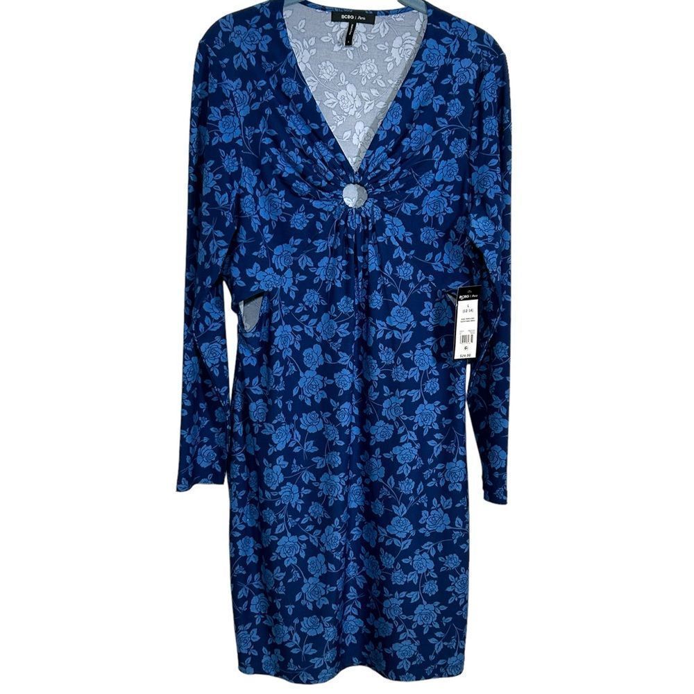 BCBG/Paris, blue dress, key hole front, long sleeves, floral print, knee length